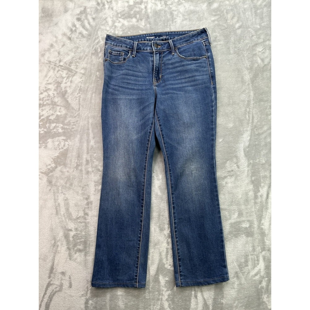 Old Navy Womens Sz 8 Blue Jean Mid Rise Kicker BootCut Whiskered Western Cowgirl